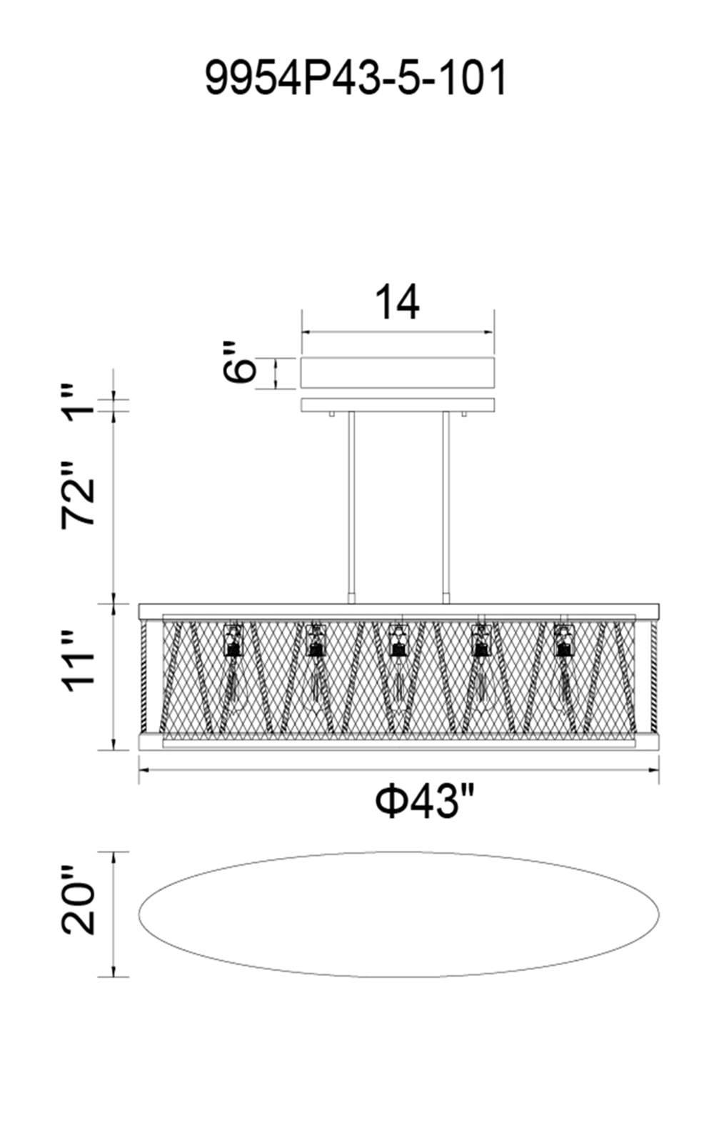 CWI Lighting Parsh 5 Light Island Chandelier With Pewter Finish Model: 9954P43-5-101 Line Drawing