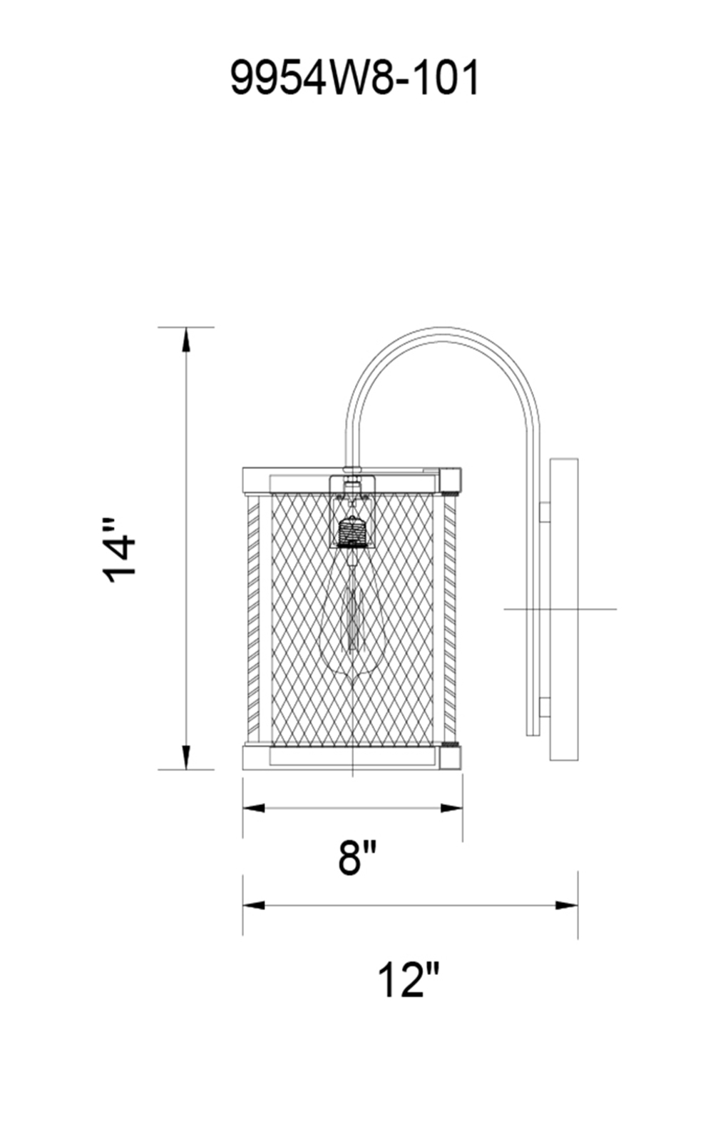 CWI Lighting Parsh 1 Light Wall Sconce With Pewter Finish Model: 9954W8-1-101 Line Drawing