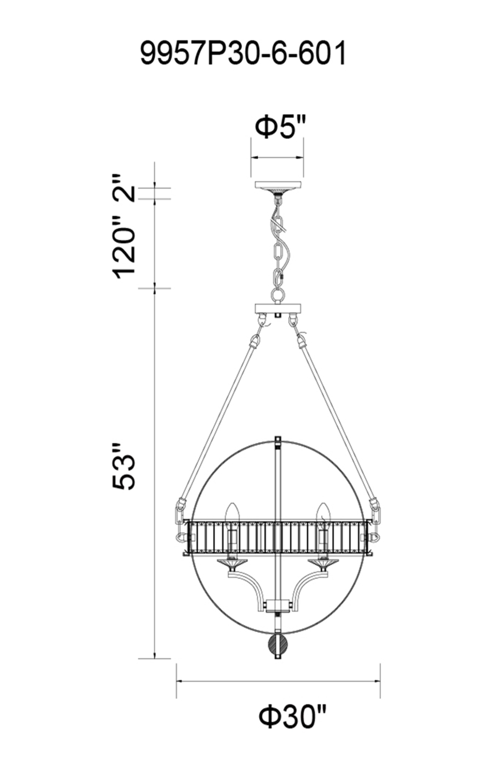 CWI Lighting Arkansas 6 Light Chandelier With Chrome Finish Model: 9957P30-6-601 Line Drawing