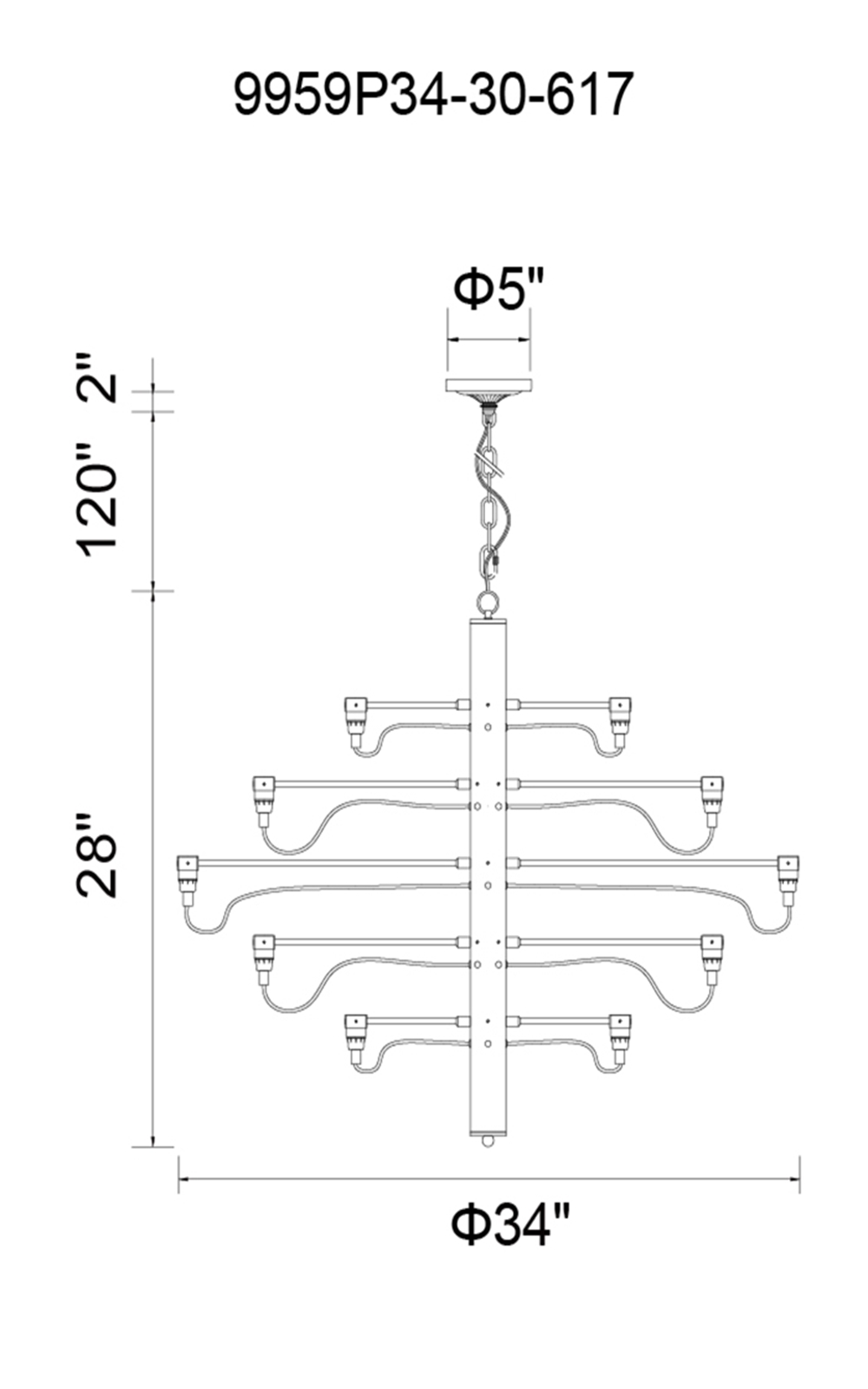 CWI Lighting Hayden 30 Light Chandelier With Gold Finish Model: 9959P34-30-617 Line Drawing