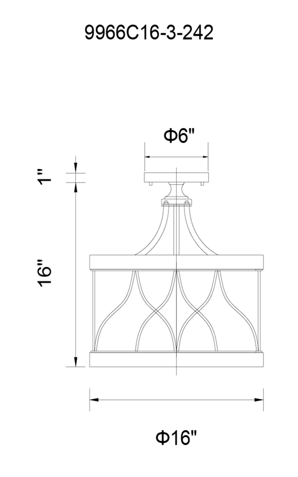 CWI Lighting Amazon 3 Light Cage Semi Flush Mount With Gun Metal Model: 9966C16-3-242 Line Drawing