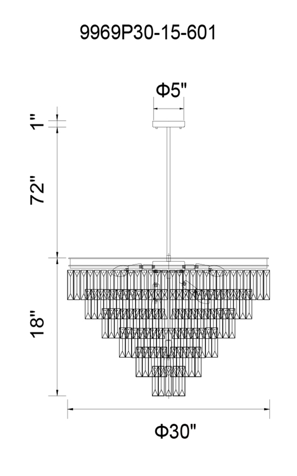 CWI Lighting Weiss 15 Light Down Chandelier With Chrome Finish Model: 9969P30-15-601 Line Drawing