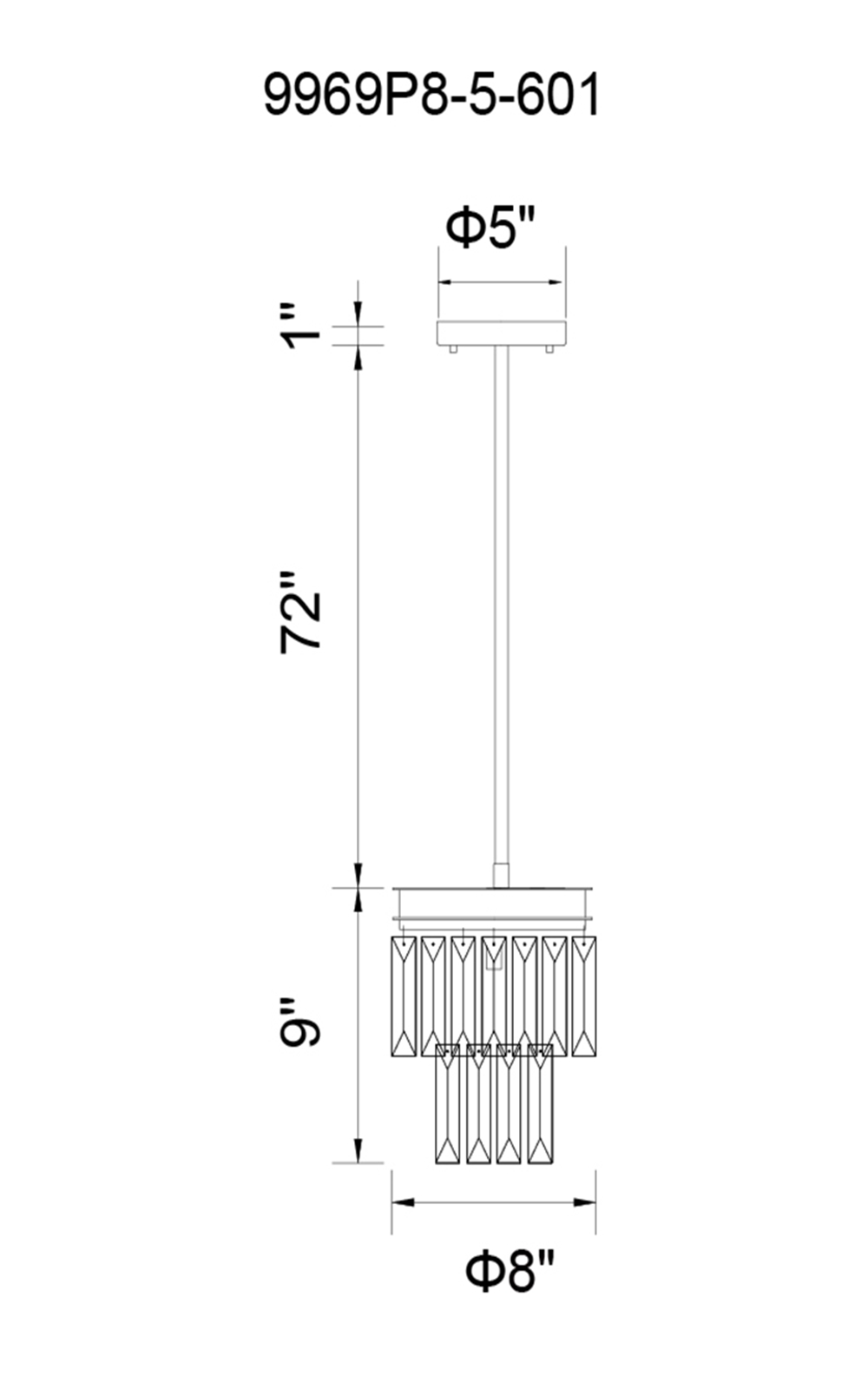CWI Lighting Weiss 5 Light Down Mini Chandelier With Chrome Model: 9969P8-5-601 Line Drawing
