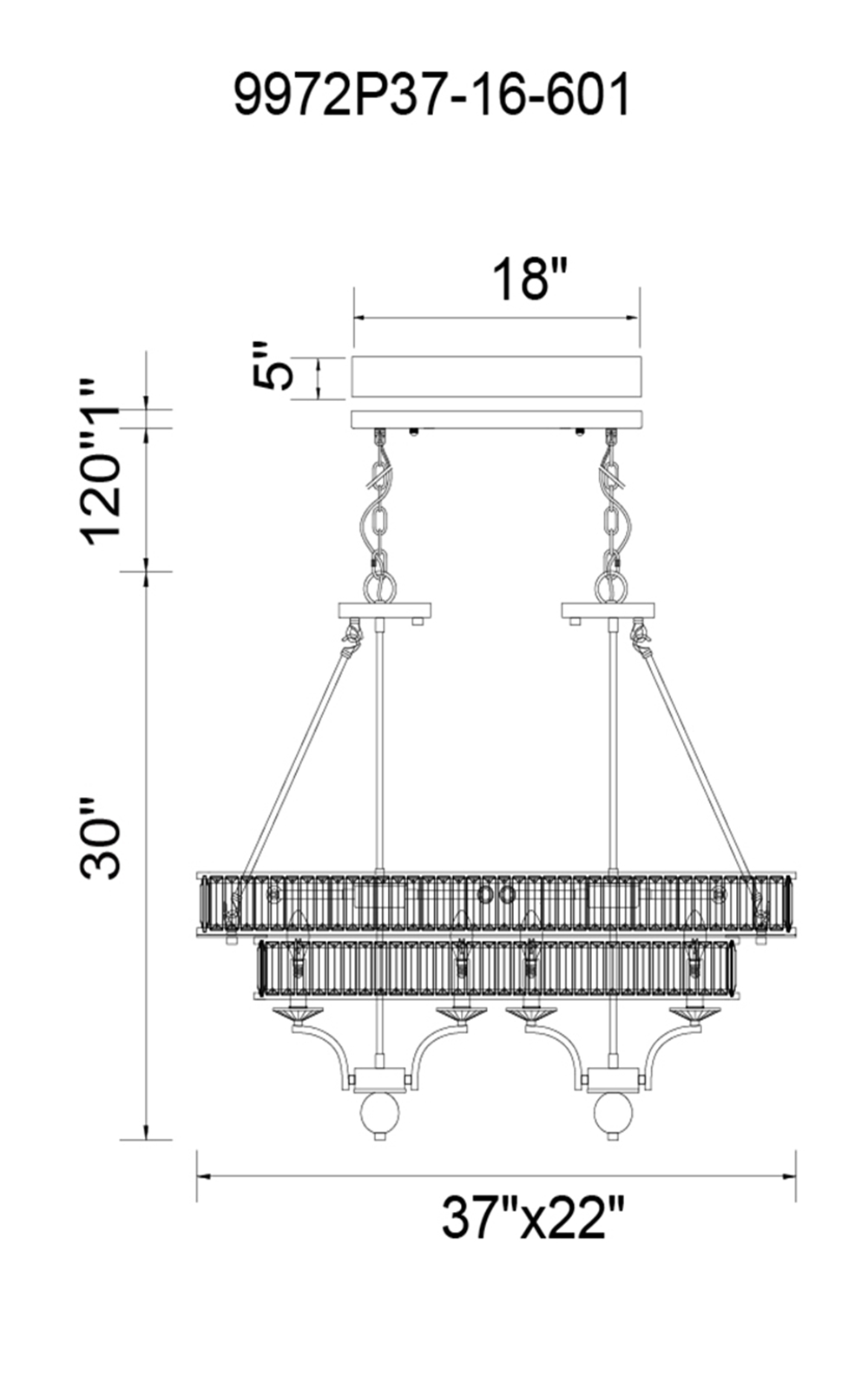 CWI Lighting Shalia 16 Light Island Chandelier With Black Finish Model: 9972P37-16-101 Line Drawing