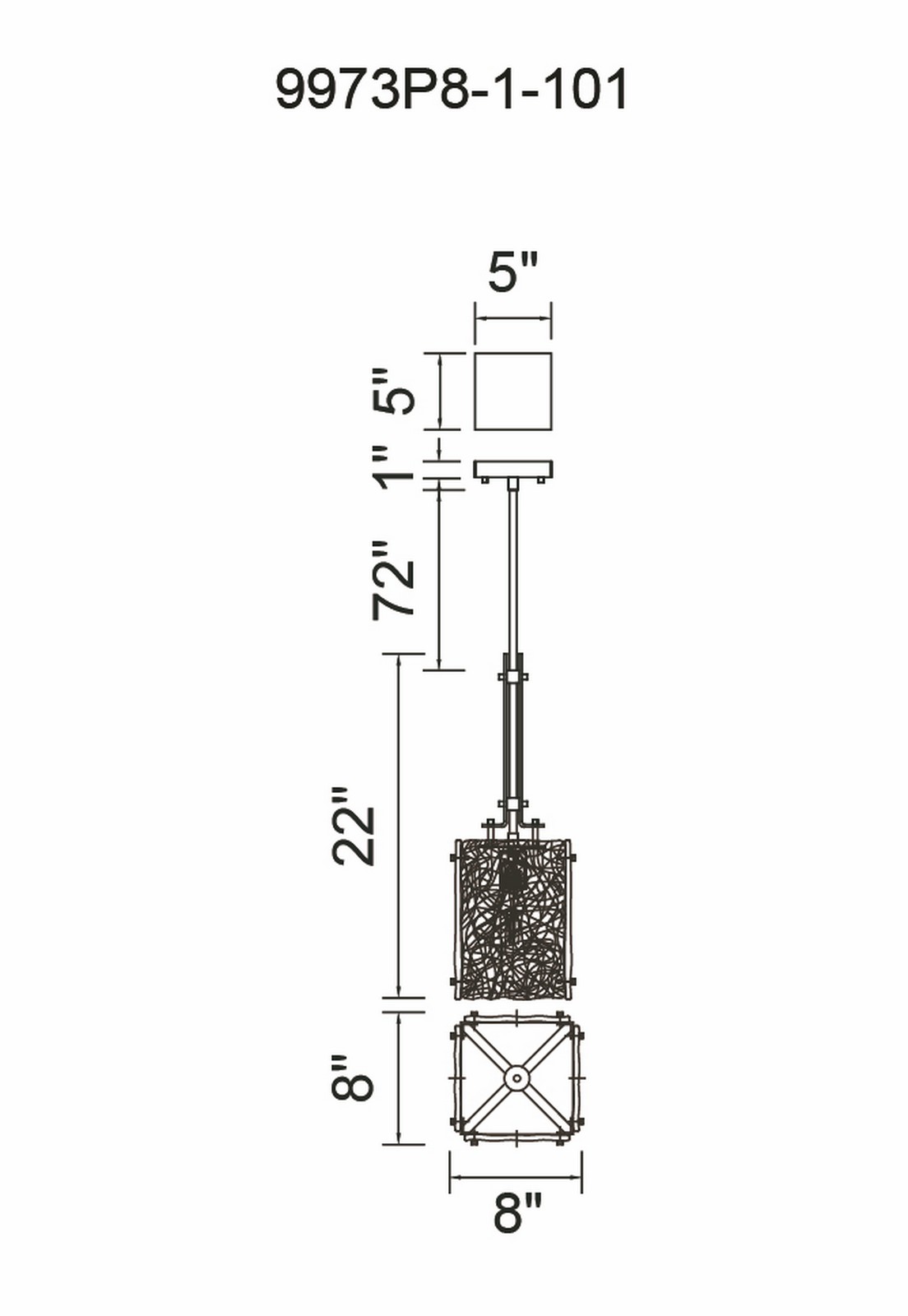 CWI Lighting Assunta 1 Light Pendant With Black Finish Model: 9973P8-1-101 Line Drawing