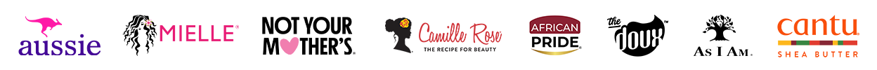 Aussie, Mielle, Not Your Mother's, Camille Rose, African Pride, The Doux, As I Am, and Cantu logos.