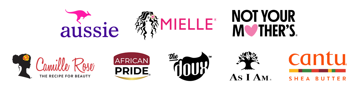Aussie, Mielle, Not Your Mother's, Camille Rose, African Pride, The Doux, As I Am, and Cantu logos.