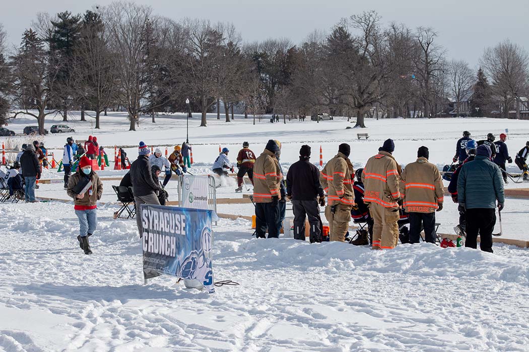Participants in the Syracuse Pond Hockey Classic will watch the tournament in the snow