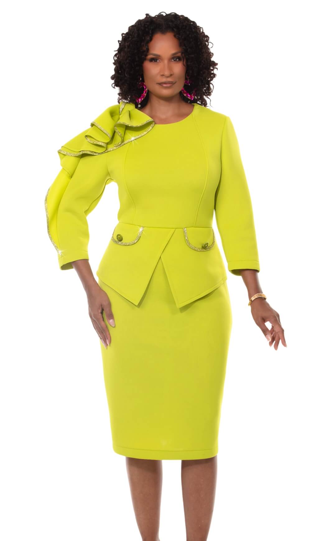 neon green peplum dress Lisa Rene 3372-LM