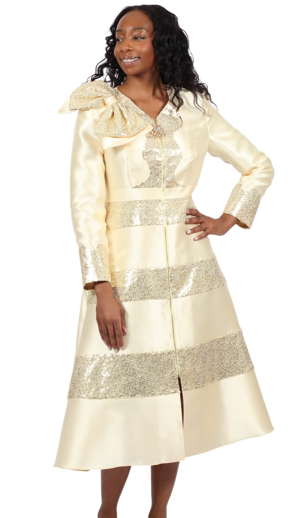 gold church dress Plus Size Lace Church Dress with Satin Jacket -4529W White / 22W