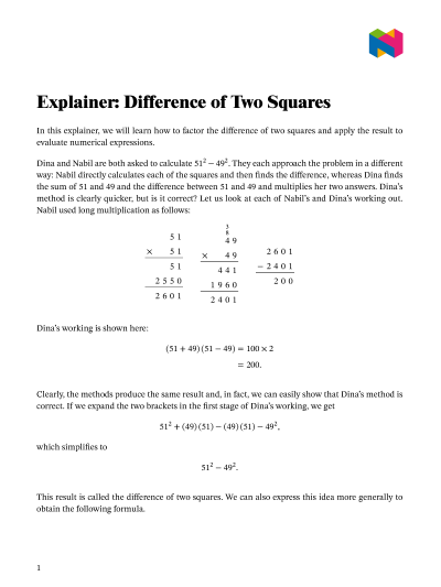 Lesson Difference Of Two Squares Nagwa