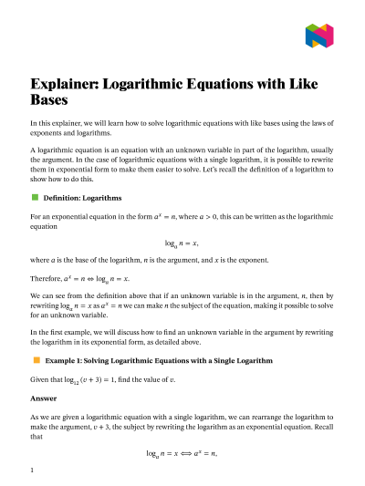 Lesson: Logarithmic Equations with Like Bases | Nagwa
