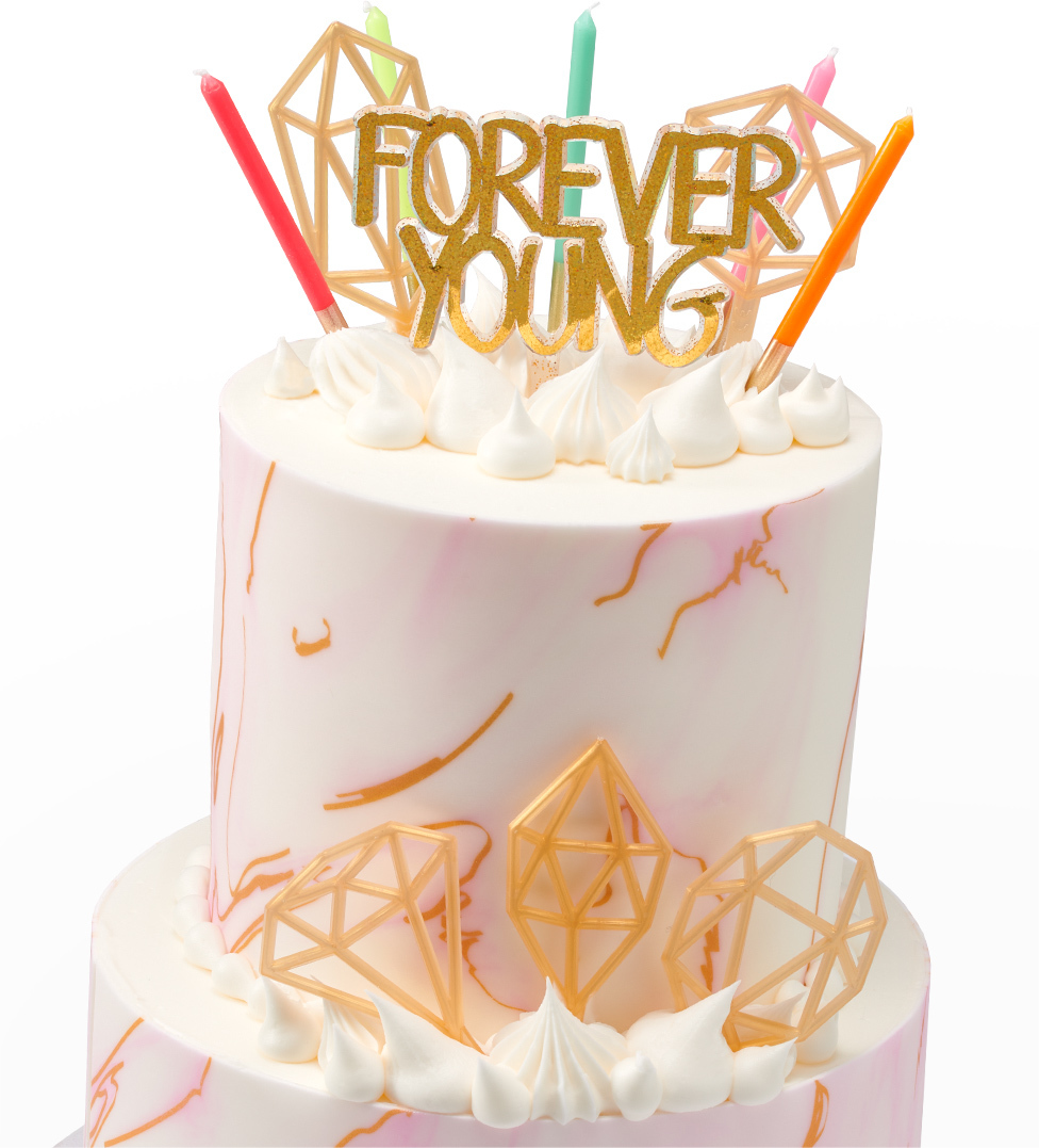 Tiered Cake Forever Young Candle and Geometric Shapes