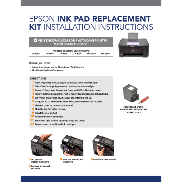 PhotoCake® Ink Pad Replacement Kit Instructions for Epson XP-300, XP-400, and XP-2100 Series Printers