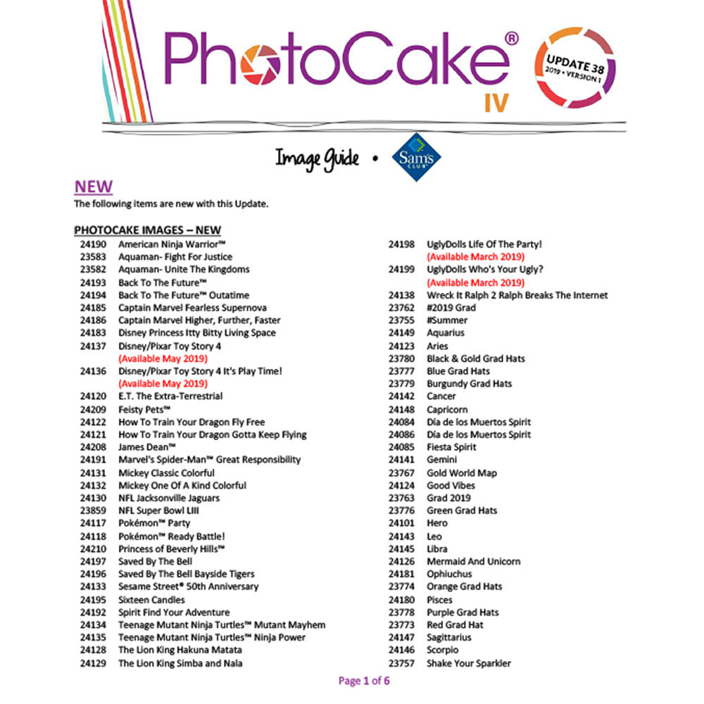 Sam's PhotoCake® Image Guide Update 38