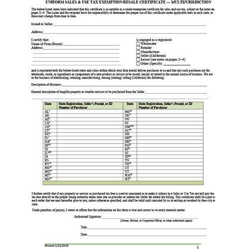 Uniform Sales and Use Certificate DecoPac