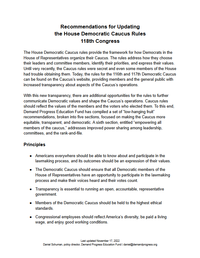 A hyperlink to Demand Progress Education Fund's Recommendations for House Democratic to Modernize their Caucus Rules