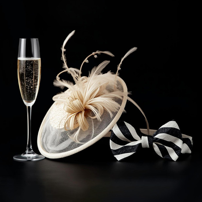 Champagne, fascinator and bowtie