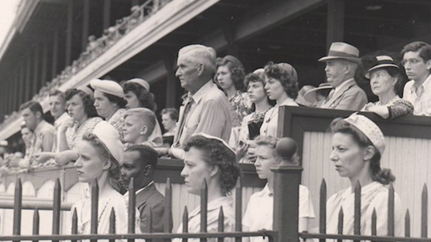 black and white photo of a crowd in the Derby stands