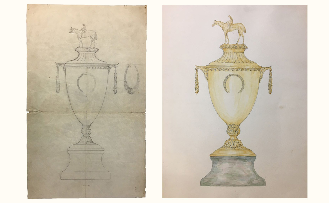 One of George Graff's 1920s sketches for what would be used to create the iconic Derby trophy, and a final watercolor sketch of the gold cup by George Graff. Courtesy of the Kentucky Derby Museum Permanent Collection