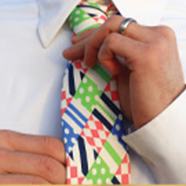 a multicolored derby themed tie