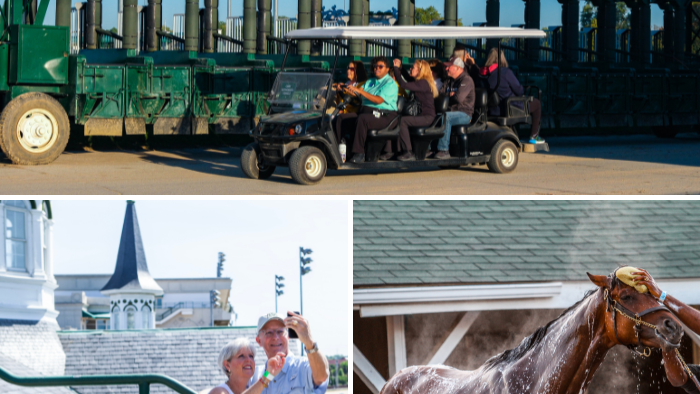 Guests riding golf cart around track, taking photos by the Twin Spires, and a horse getting a bath
