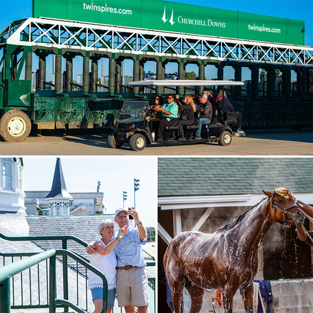 Guests riding golf cart around track, taking photos by the Twin Spires, and a horse getting a bath