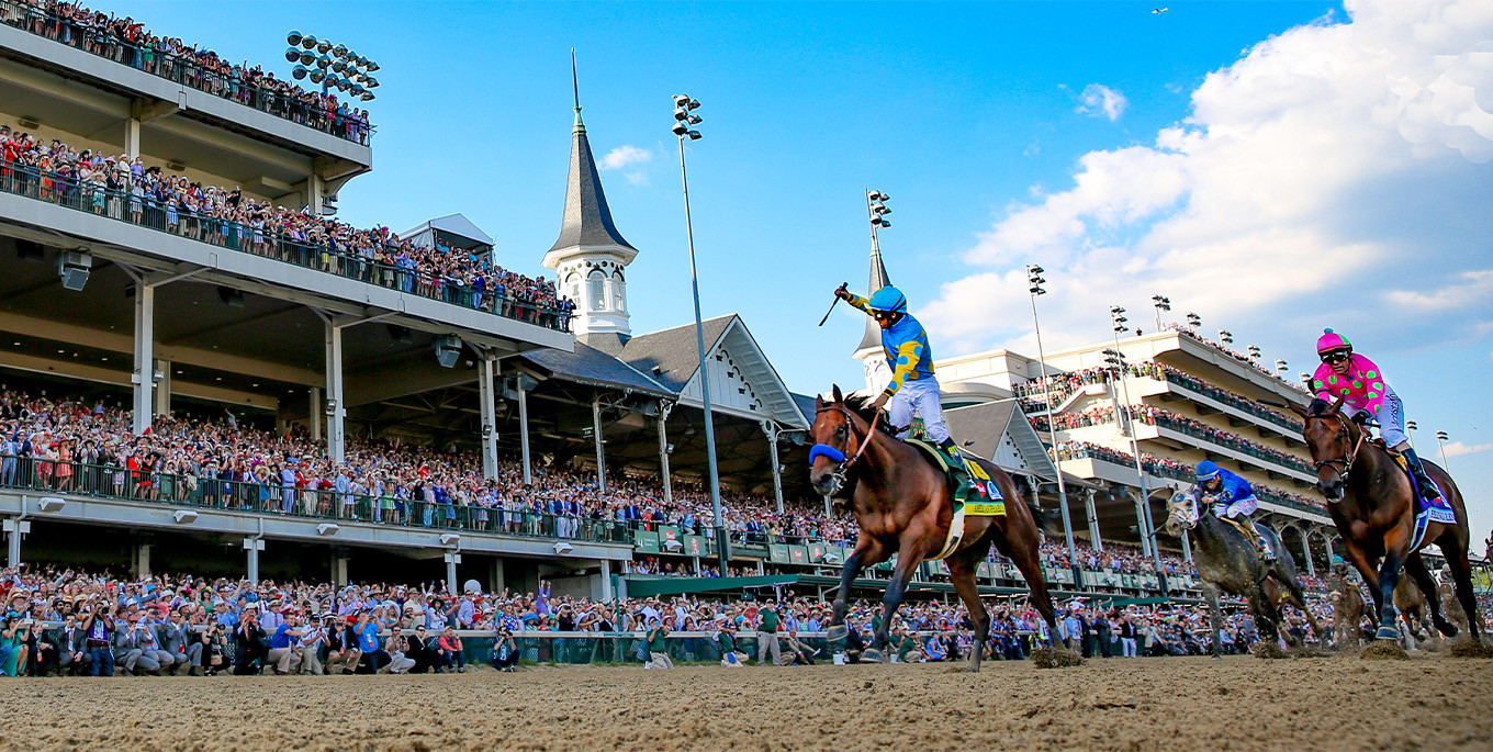 American Pharoah crossing the finish line on Derby Day, 2015