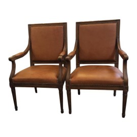 Antique French Arm Chairs in Leather, Pair