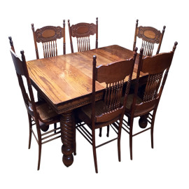 Antique Oak Table + Six Chairs