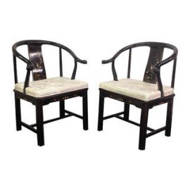 Black Lacquer Chinese Horseshoe Chairs, a Pair