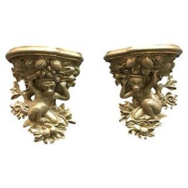 French Gilded Carved Monkey Shelves - Pair