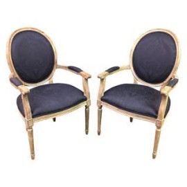 Custom Navy Damask Upholstered Side Chairs - Pair