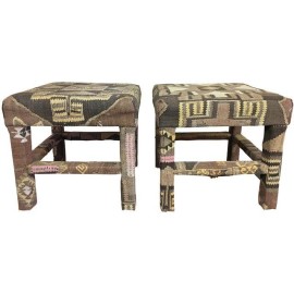 Graphic Upholstered Kilim Stools - A Pair