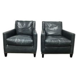 Dark Blue Leather Cabazon Chairs - A Pair