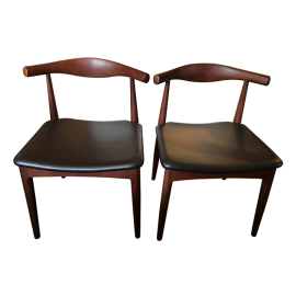 Khrome Studios Mid-Century Pair of  Horn Walnut + Leather Side Chairs