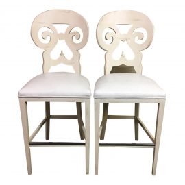 Pair of Biedermeier Style Counter Height Distressed White Barstools. Original Price: $4,940.00