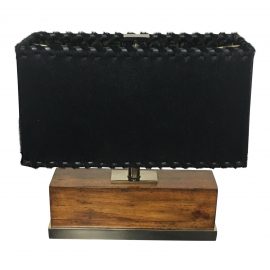 NEW Maitland-Smith Teak and Brass Table Lamp With a Custom Black Cow Hide Shade