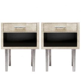 Pair of Made Goods Dario Nightstands Clad in Cream Faux Shagreen