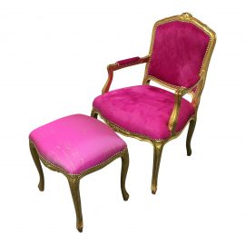 Custom Fuschia Color Upholstered Gold Leaf Chair and Ottoman