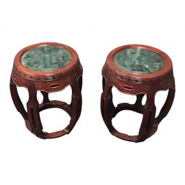 Pair of Vintage Chinese Rosewood + Jade Round Side Tables / Stools