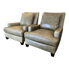 Lee Industries Sage Green Leather Arm Chairs - a Pair. Original Price: $7,500.00