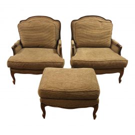 Custom Bergere Style Armchairs & Ottoman - Set of 3