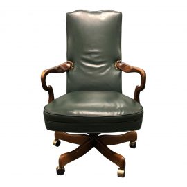 Green Leather Wood Swivel Office Chair