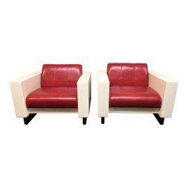 - Brian Kane - Pair Of Molded Fiberglass + Red Leather Armchairs. Original Price: $4,000.00