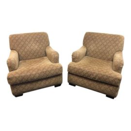 Pair of Custom Beige Arm Chairs with Green and Red Motifs