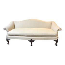 1930s Traditional Upholstered Ecru Camelback Sofa