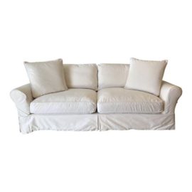 Contemporary Restoration Hardware Roll Arm White Cotton Slipcovered Sofa