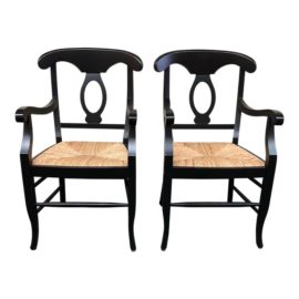 Contemporary Pottery Barn Napolean Black Lacquer Arm Chairs - a Pair