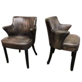 Contemporary Distressed Ebony Leather Armchairs - a Pair